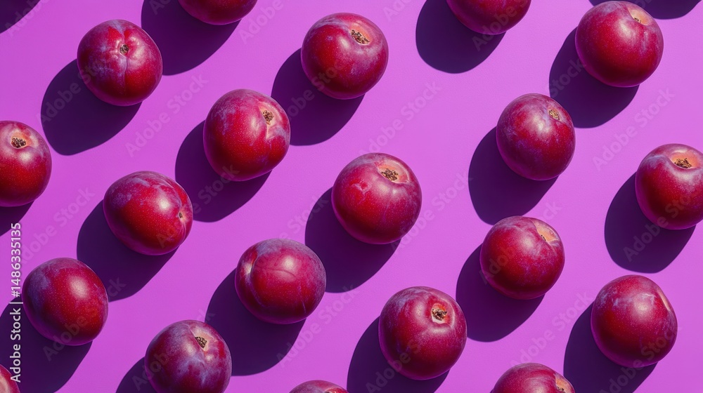 Aufkleber red plums arranged in a repeating pattern on a vibrant purple background.