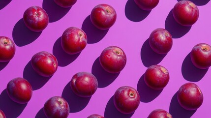 Red plums arranged in a repeating pattern on a vibrant purple background.