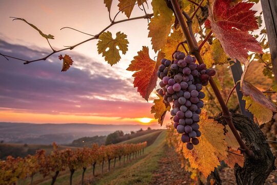 Grapevine with ripe grapes at sunset in vineyard. Closeup of purple grapes hanging from a vine with autumn leaves, overlooking a scenic vineyard landscape at sunset - Powered by Adobe