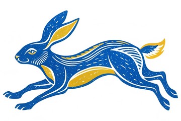 Stylized Blue and Yellow Running Hare Illustration. Decorative graphic of a running hare in bold blue and yellow, featuring folk art-inspired patterns and clean vector style