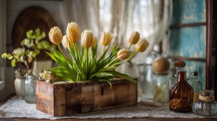 A rustic spring tulip centerpiece adding a fresh touch to a kitchen with vintage decor elements