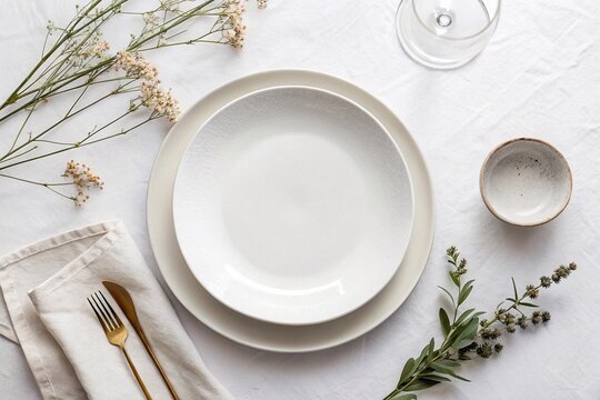 Elegant Minimal Table Setting with White Plates. Top view of a simple, stylish table setup featuring white plates, gold cutlery, glassware, and botanical elements on white linen