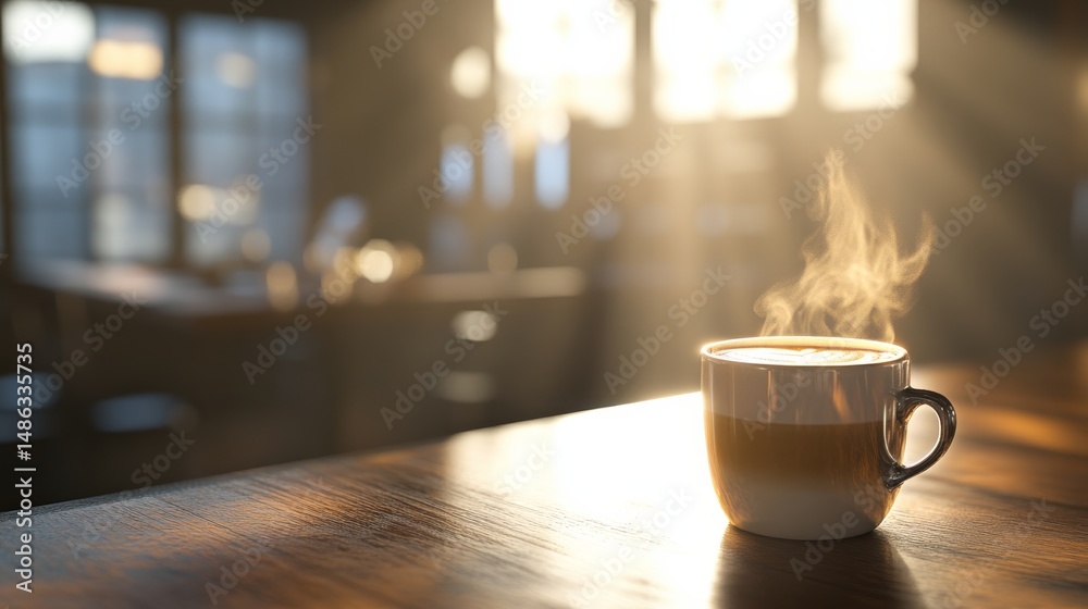 Poster close-up of a steaming latte in a ceramic mug resting on a wooden surface, with the warm glow of gol