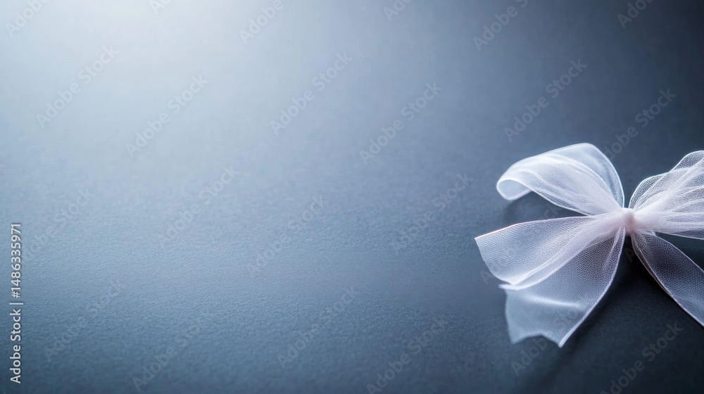 Poster a close-up view showcases a delicate white ribbon tied into a bow on a smooth gray surface, with sof