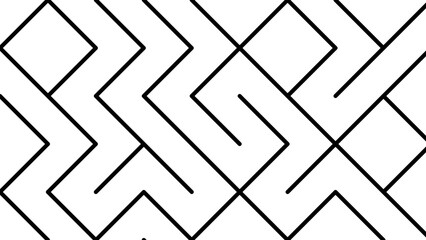Black and white line drawing of an intricate maze with interlocking zigzag lines forming a continuous, dimensional pattern — minimalist design ideal for puzzles, branding, or abstract visuals.
