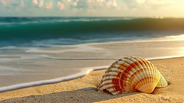Close-Up View of a Beautiful Seashell on a Sandy Beach with Gentle Waves in the Background During Sunrise or Sunset