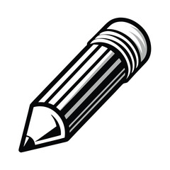 Black and White Pencil Icon Design, Writing Tool With Eraser, Isolated Symbol Drawing