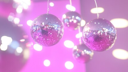 Shiny disco balls hanging in a  pink interior space.