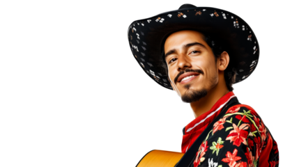 Hispanic male smiling wearing sombrero, musical shirt, cut out transparent