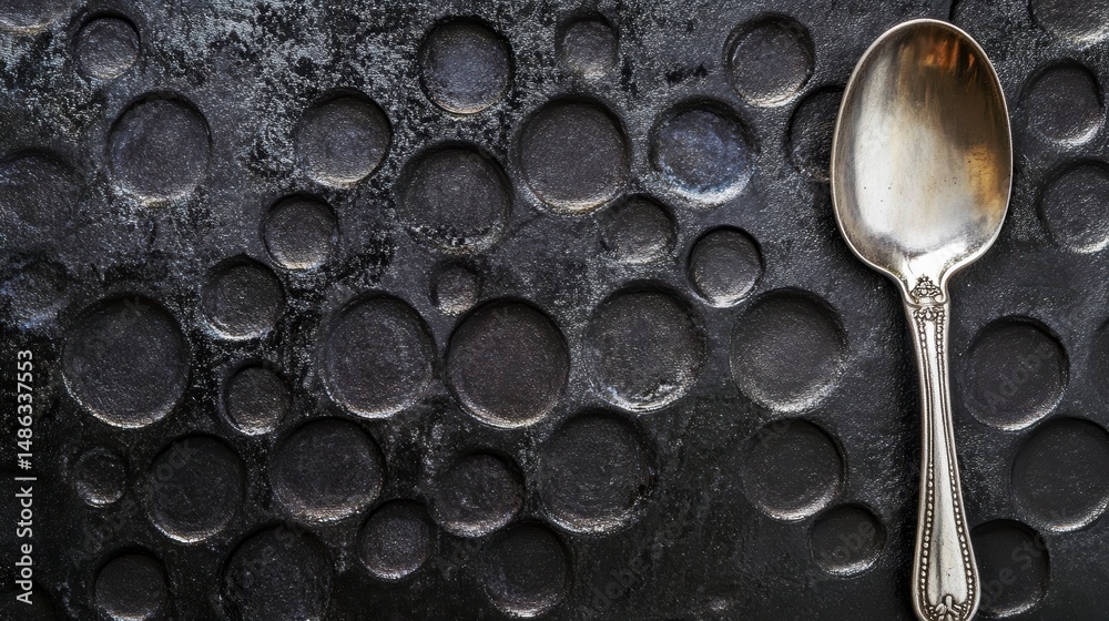 Poster Silver spoon rests on a dark textured surface with circular indentations.
