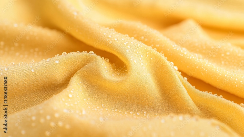 Aufkleber close-up view of raindrops resting on a vibrant yellow raincoat, highlighting the fabric's texture a