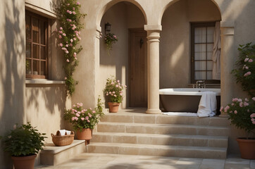 Fototapeta premium Modern Tropical Bathroom Spa with Elegant Design and Serene Outdoor Garden featuring Vintage Ceramic Pots and Natural Stone Steps