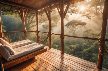 Eco-Friendly Treehouse Retreat in Forest with Wooden Deck and Hammock for Serene Sunrise Experience