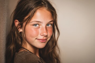 Fototapeta premium Young girl with long brown hair and freckles smiling warmly.