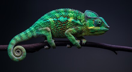 Obraz premium Vibrant chameleon basking on a branch showcasing its textured skin and colors