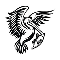 Pelican flying holding a fish, monochrome plumage illustration. Classic and bold
