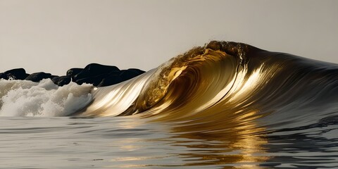 A wave of liquid gold crashing over darkened shapes, reflecting resilience and pushing past failure.