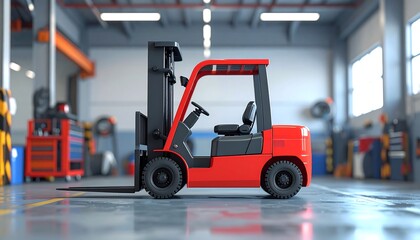 Red Forklift Standing In Workshop with Industrial Tools and Equipment
