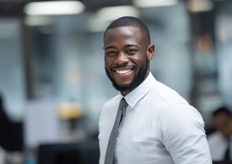 Obraz premium Confident Black man smiling in office setting.