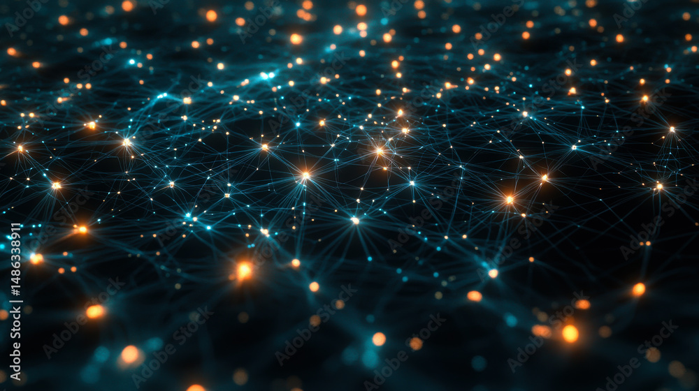 Aufkleber Visual representation of a complex network of connected nodes and glowing particles in a dark background showcasing data flow and connectivity