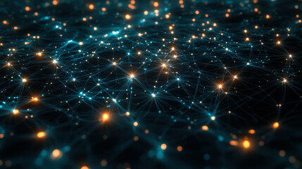 Fototapeta premium Visual representation of a complex network of connected nodes and glowing particles in a dark background showcasing data flow and connectivity