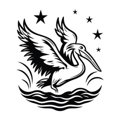 Obraz premium Pelican Flying Over Waves with Stars Above, Black and White Silhouette