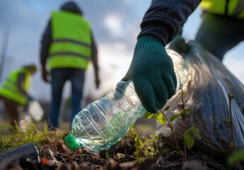 Volunteers clean up litter in a park.