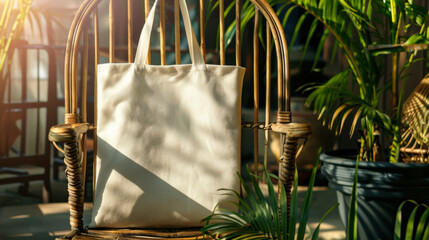 Minimalist tote bag rests on a woven chair beside greenery in a well-lit indoor space during the afternoon