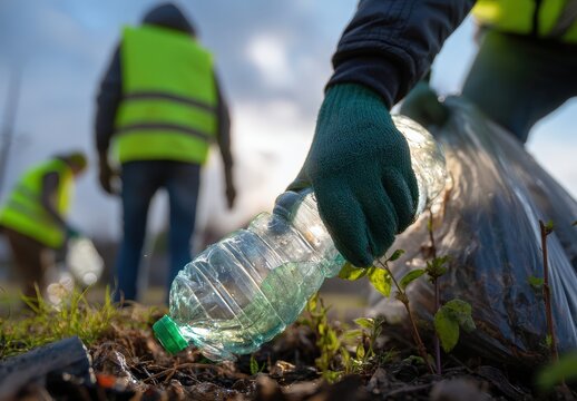 Volunteers clean up litter in a park. - Powered by Adobe
