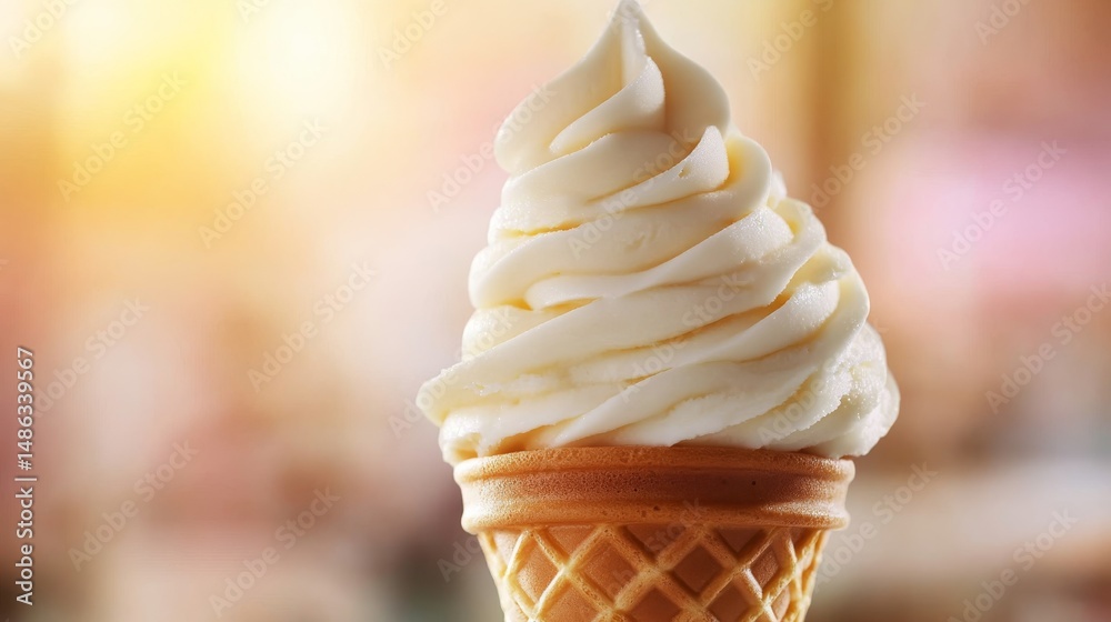Poster a close-up shot captures a classic ice cream cone topped with a perfectly swirled scoop of vanilla i