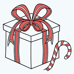 A white gift box with a red ribbon and bow, next to a red and white candy cane.