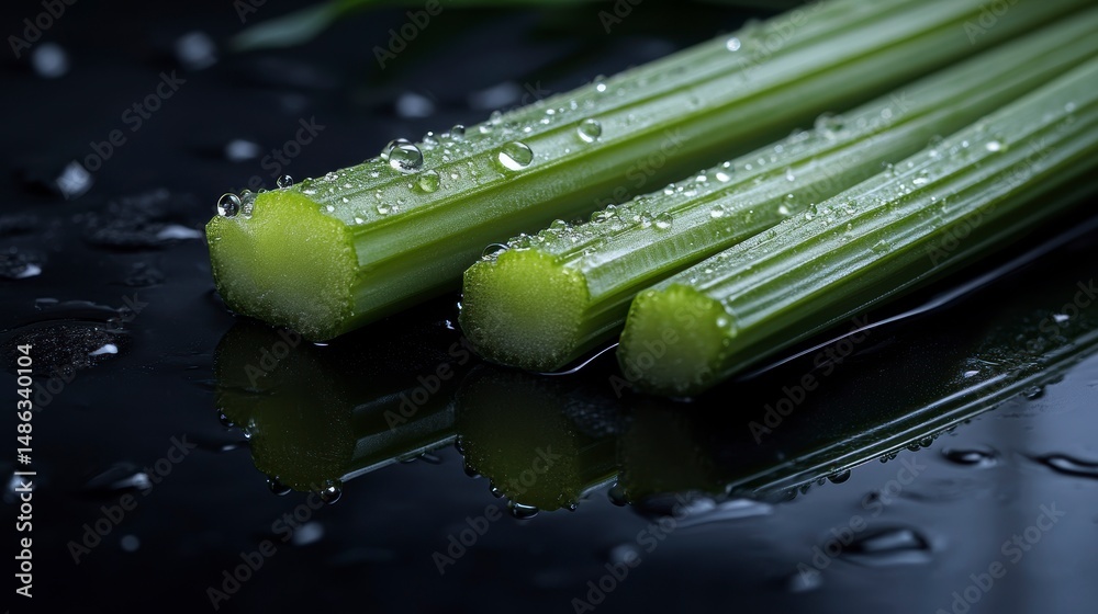 Poster fresh green celery stalks with water droplets on a dark reflective surface.