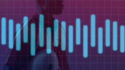 Male athlete holding volleyball against purple backdrop, showing sports analytics bars over grid - Powered by Adobe