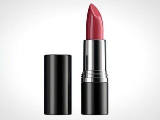 Classic red lipstick in a sleek black tube, standing upright on a plain white background, showcasing elegance and simplicity.
