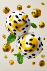 Obraz premium Creative presentation of passion fruit ice cream topped with black seeds, passion fruit sauce, and fresh mint leaves, set against a light background. 