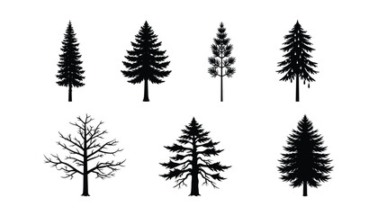 set of trees isolated. pine tree silhouette on white background