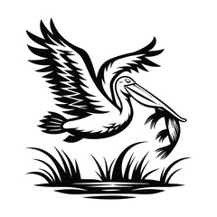 Obraz premium Pelican Flying with Fish Silhouette, River Grasses, Bird in Flight, Catching Prey