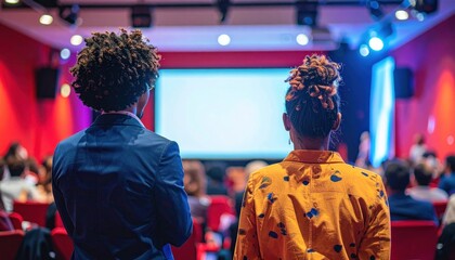 Obraz premium Two people watch a presentation in a room filled with attendees