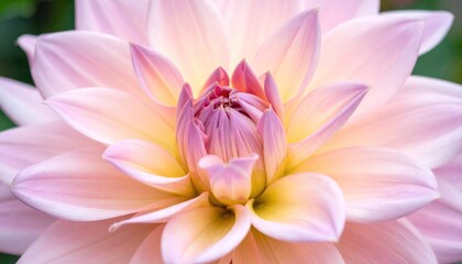 Naklejka premium Dahlia bloom Soft pink and yellow petals unfold from a tightly budded center