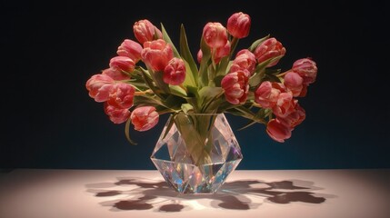 A surreal tulip bouquet styled within a geometric transparent vase, casting fascinating light reflections