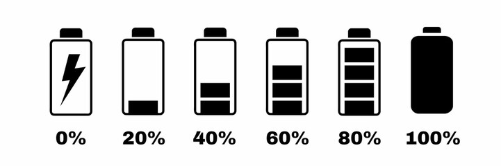 battery icon set, set of battery icons,set of black battery icons on white background 