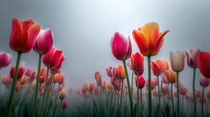 A surreal tulip meadow enveloped in thick fog with diffused sunlight creating soft shadows