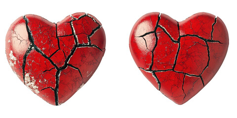 Cracked red hearts symbolizing broken love and emotional pain, isolated on transparent background, png