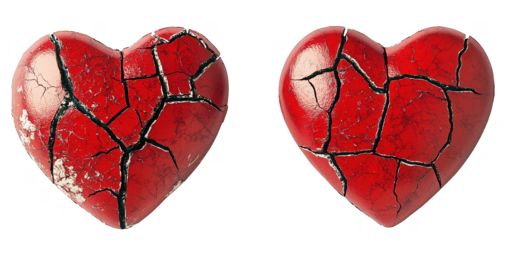 Cracked red hearts symbolizing broken love and emotional pain, isolated on transparent background, png