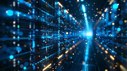 Fototapeta premium A dark and mysterious data center. The blue lights of the servers are reflected on the floor. The atmosphere is cold and sterile.