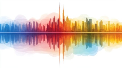 Obraz premium A vibrant skyline illustration features layered colors and reflections, suitable for modern business presentations, technology themes, and creative projects, It evokes innovation and urban energy,