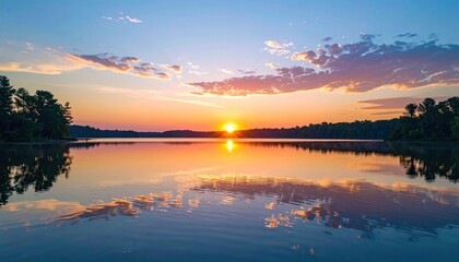 Fototapeta premium Calm lake reflecting a vibrant sunset; trees line the shore under a colorful sky