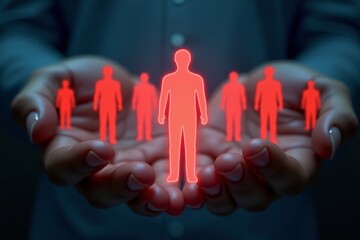 Inclusive Workplace: Diverse hands join together to protect holographic red human figures in futuristic insurance company.