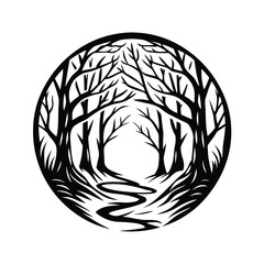 Monochrome Forest Path in Circle, Trees Silhouette, Abstract Nature Landscape Art
