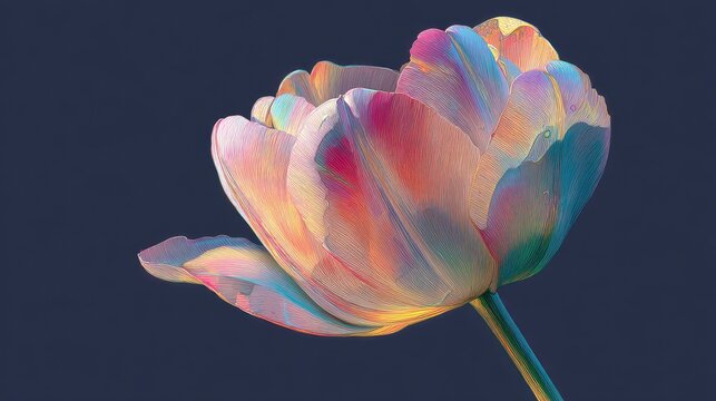 A tulip illustration with imaginative fantasy tones blending neon, pastel, and metallic effects
